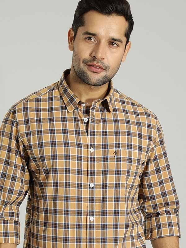 Indian Terrain Men's Slim Fit Full Sleeve Checkered Khaki Shirt